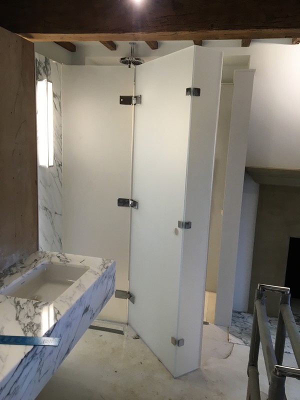 Bespoke frosted glass shower enclosure in Hither Green luxury bathroom